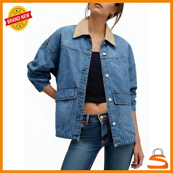 Oversized Denim Jacket with Canvas Collar Button Front Drop Shoulder